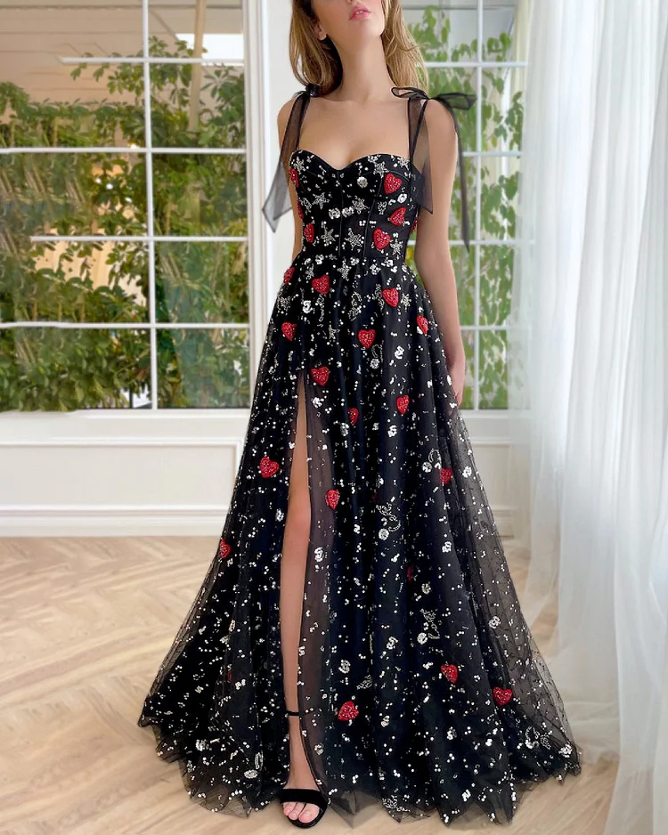 Wedding Black Tulle Sparkling Off-Shoulder Midi Dress