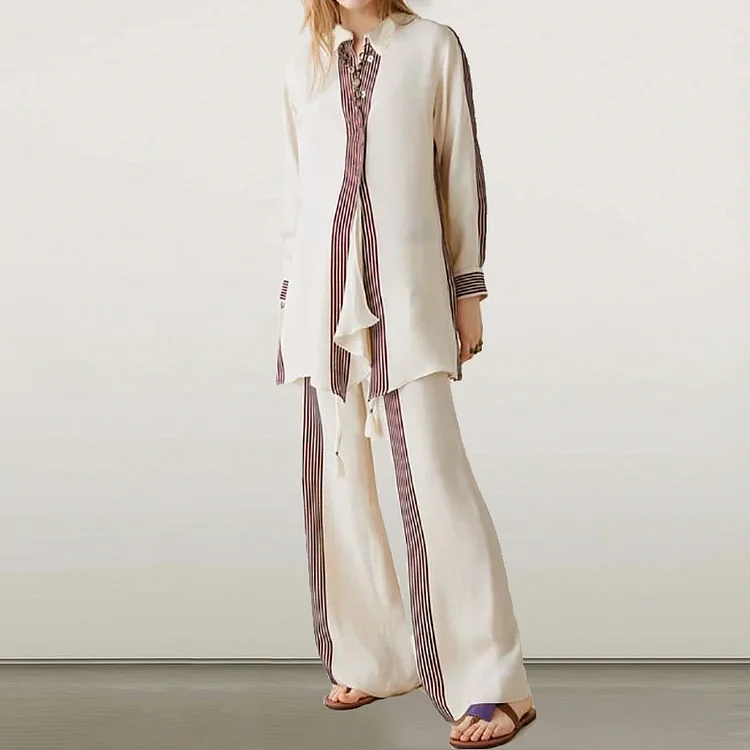 Fashion Paneled Stripe Print Shirt Two-Piece Set