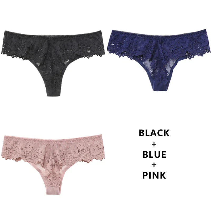 Meet'r 3Pcs/Lot Women Sexy Lace Lingerie Temptation Low-Waist Panties Embroidery Underwear Female Thong Transparent G String