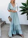 Solid Color Batwing Sleeves Falbala Maxi Dresses