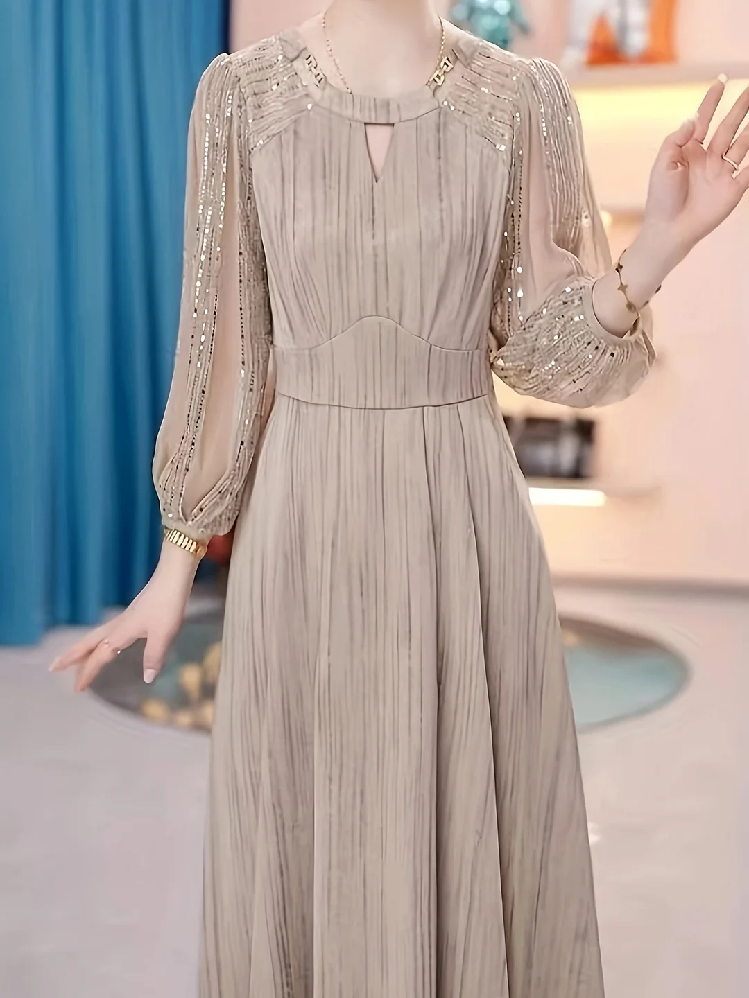 Elegant Long Sleeve Maxi Dress For Women - Beige, Round Neck With Golden Accents, Flowing Design, Perfect For Spring/Summer/Fall, Adult Fashion, Elegant Attire | Flowing Maxi Dress | Polyester Fabric | IFYHOME