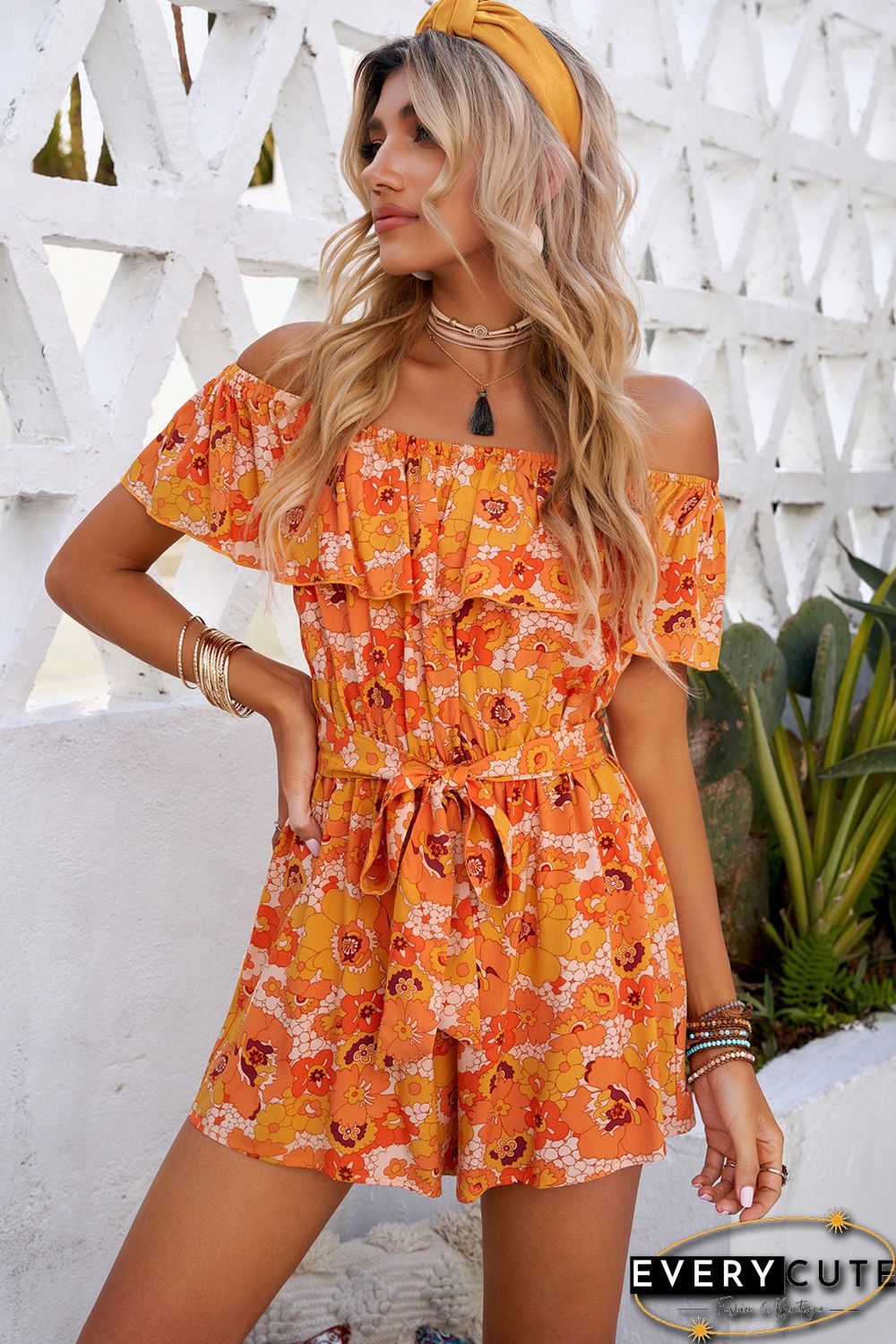 Orange Floral Print Flounce Belted Off Shoulder Romper