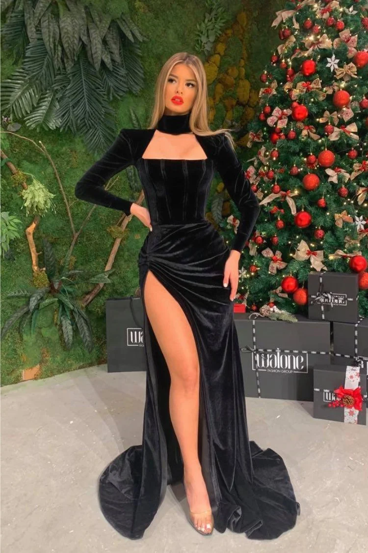 Lisliy Prom Dress Black Velvet Long Sleeves With High Slit Halter 