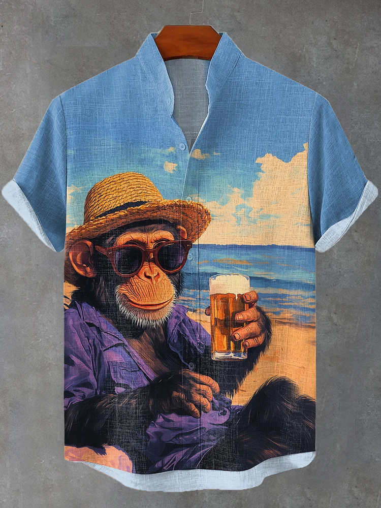 Men's Seaside Vacation Monkey Beer Art Print Shirt