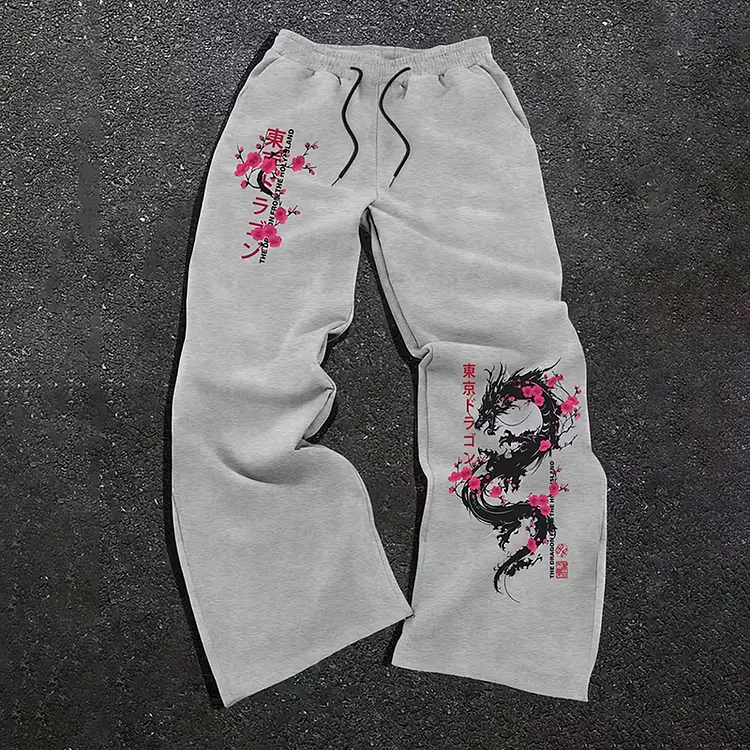 Men's Drawstring Tokyo Cherry Blossom Loose Wide-leg Pants