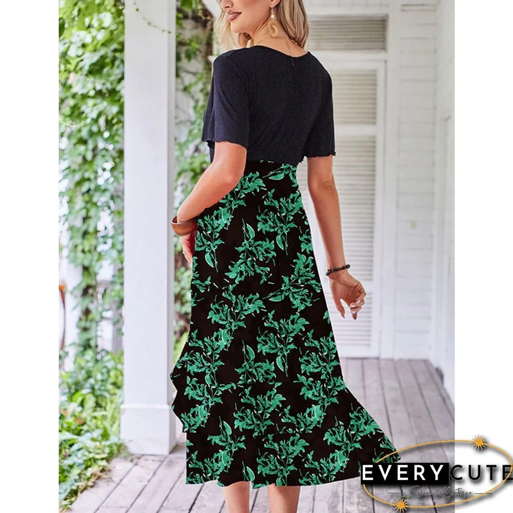 Dark Green Floral Print Splicing V Neck Dress with Slit