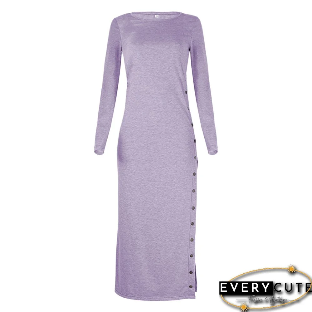 Light Purple Button High Split Long Casual Dress