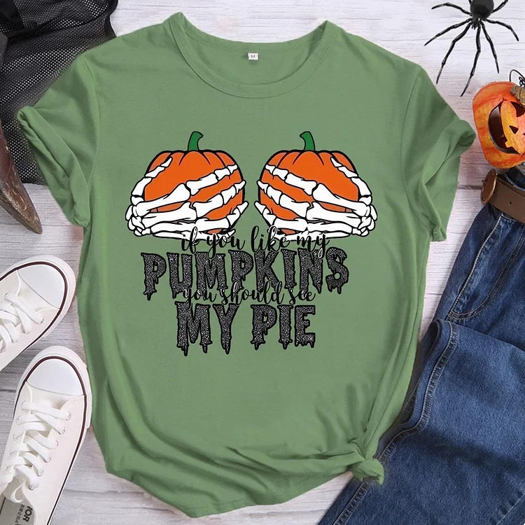 Skeleton Pumpkin Pie Round Neck T-shirt-0018592