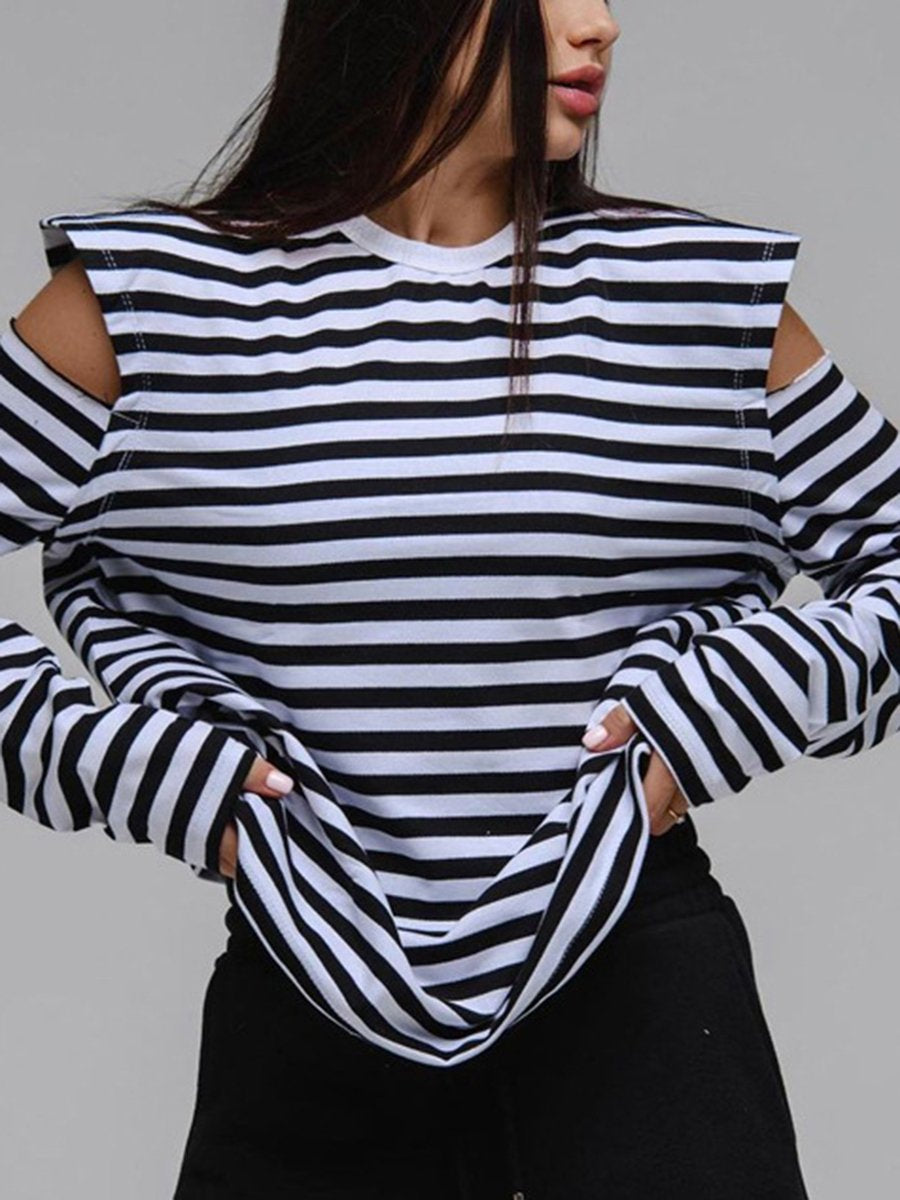 Round Neck Hollow Out Striped Loose T-Shirts