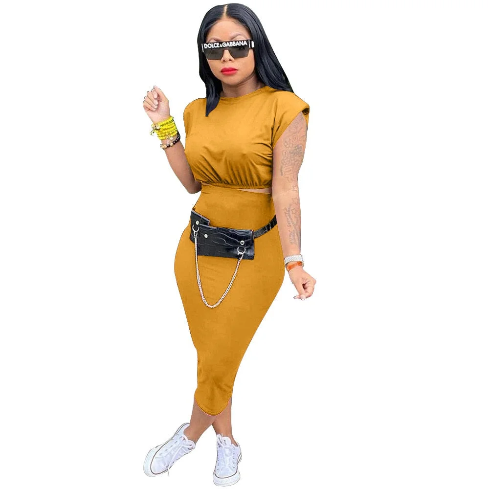 CM.YAYA Women Skirts Two 2 Piece Set Fashion Streetwear Crop Tops and Midi Skirt Matching Set Classic Outfits