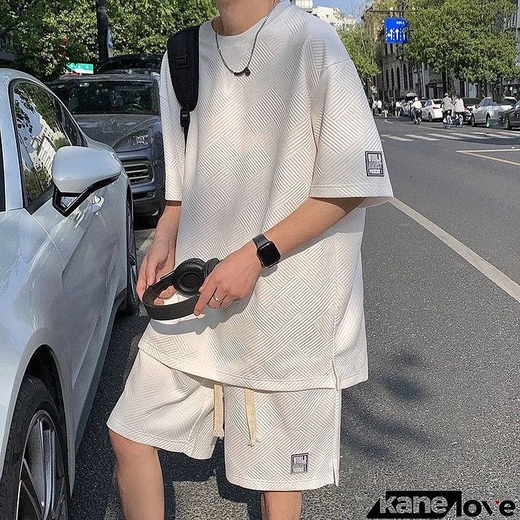 Men Fashion Round Neck Short Sleeve Waffle Loose T-Shirt And Shorts Two-Piece Set