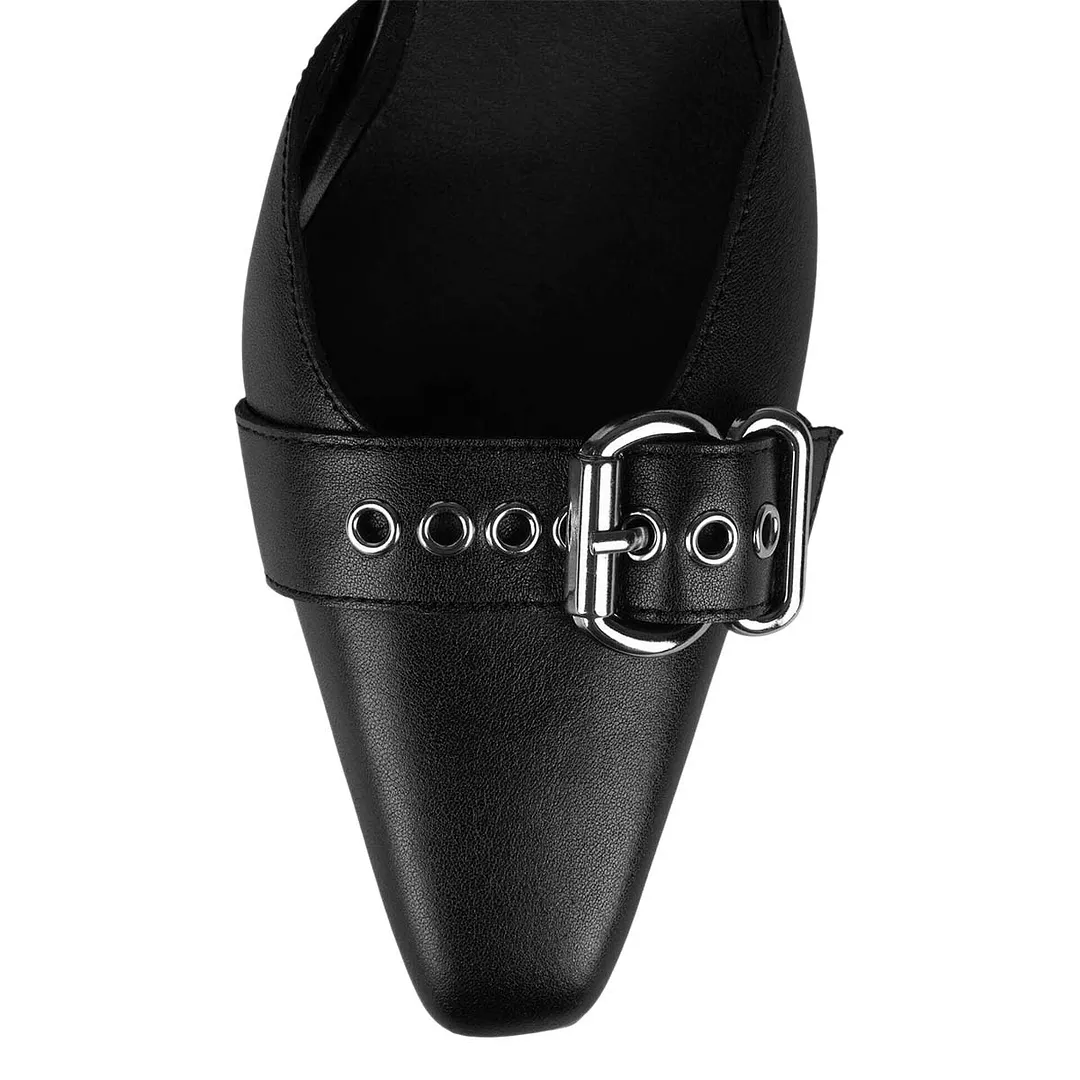 Vegan Leather Square Toe Grommets Strap Black High Heels with Buckle