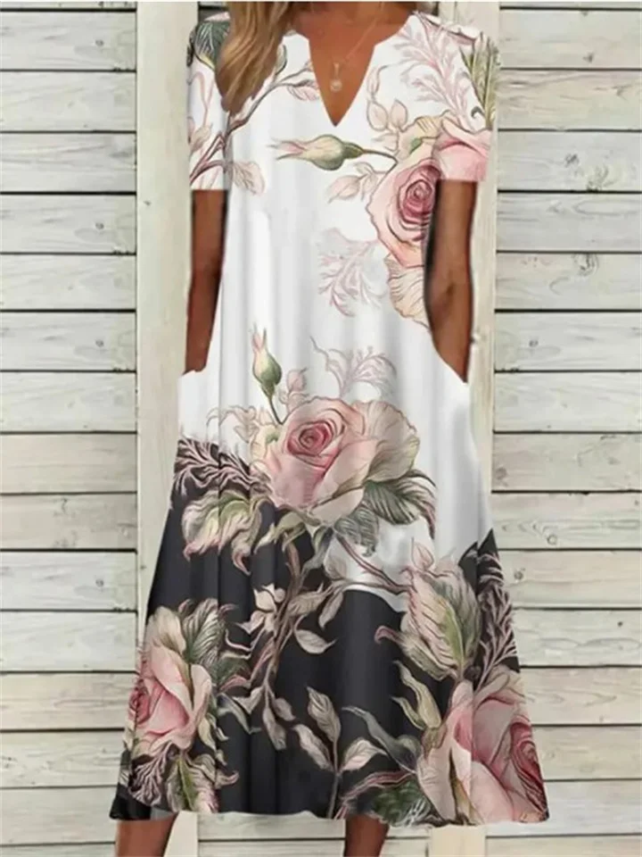New Women's V-neck Loose Printed Dress | 168DEAL