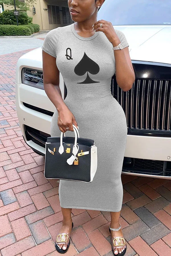 Grey Fashion Sexy Ma'am Print O Neck Pencil Dress Plus Size Dresses