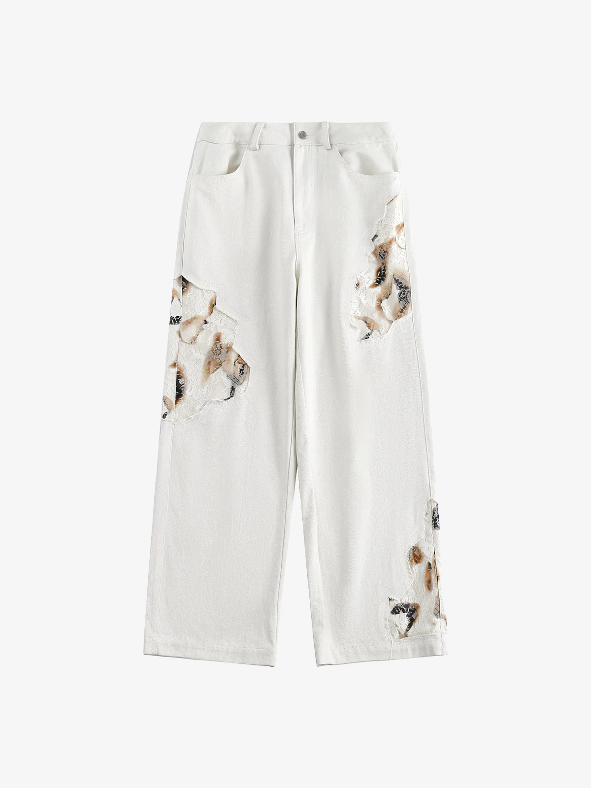White Act Chic Burnout Lace Patchwork Relaxed Pants Front