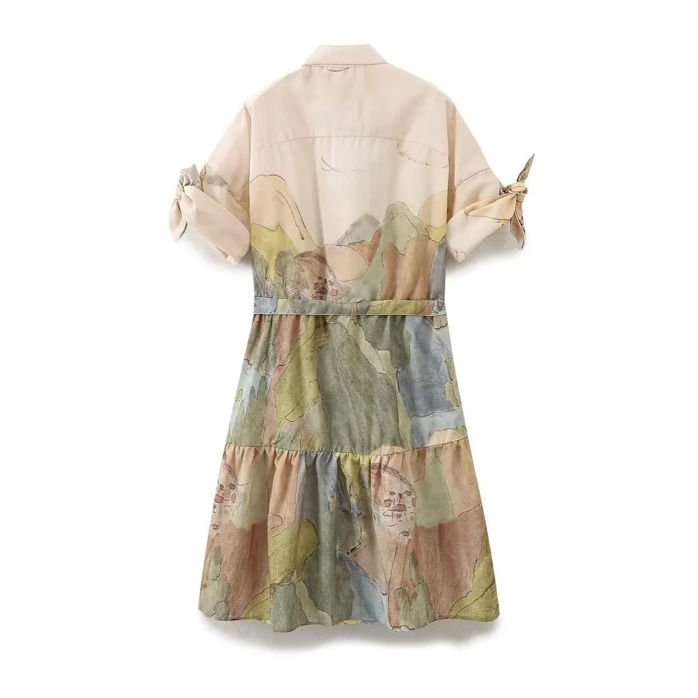 Uveng Summer Women's Wear New Lapel Color Printing With Belt Short Dress 2183057