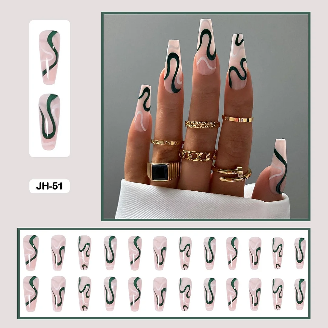 24pcs/box Long Trapezoid Fake Nails Geometric Simplicity Personality Graffiti Animal Pattern Nail Art Nails Press on With Glue-Nail Inspo