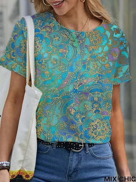 Cotton-Blend Short Sleeve Printed Casual Top