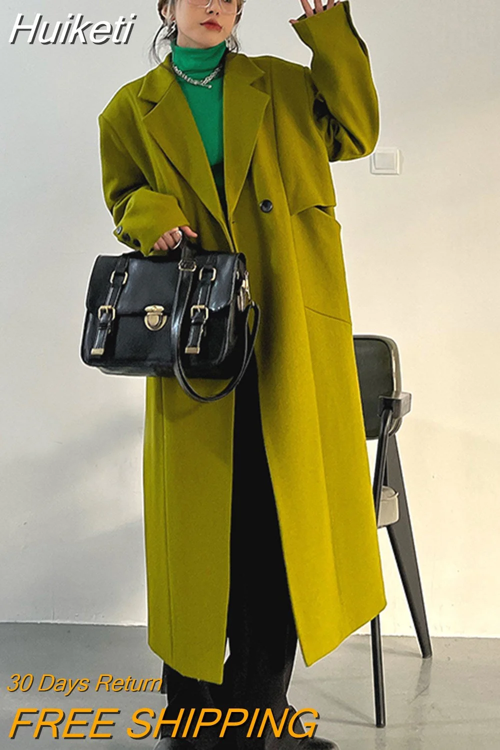 Huiketi Spring Autumn Long Green Oversized Trench Coat for Women Single Button Loose Luxury Casual Overcoat Korean Fashion 2023