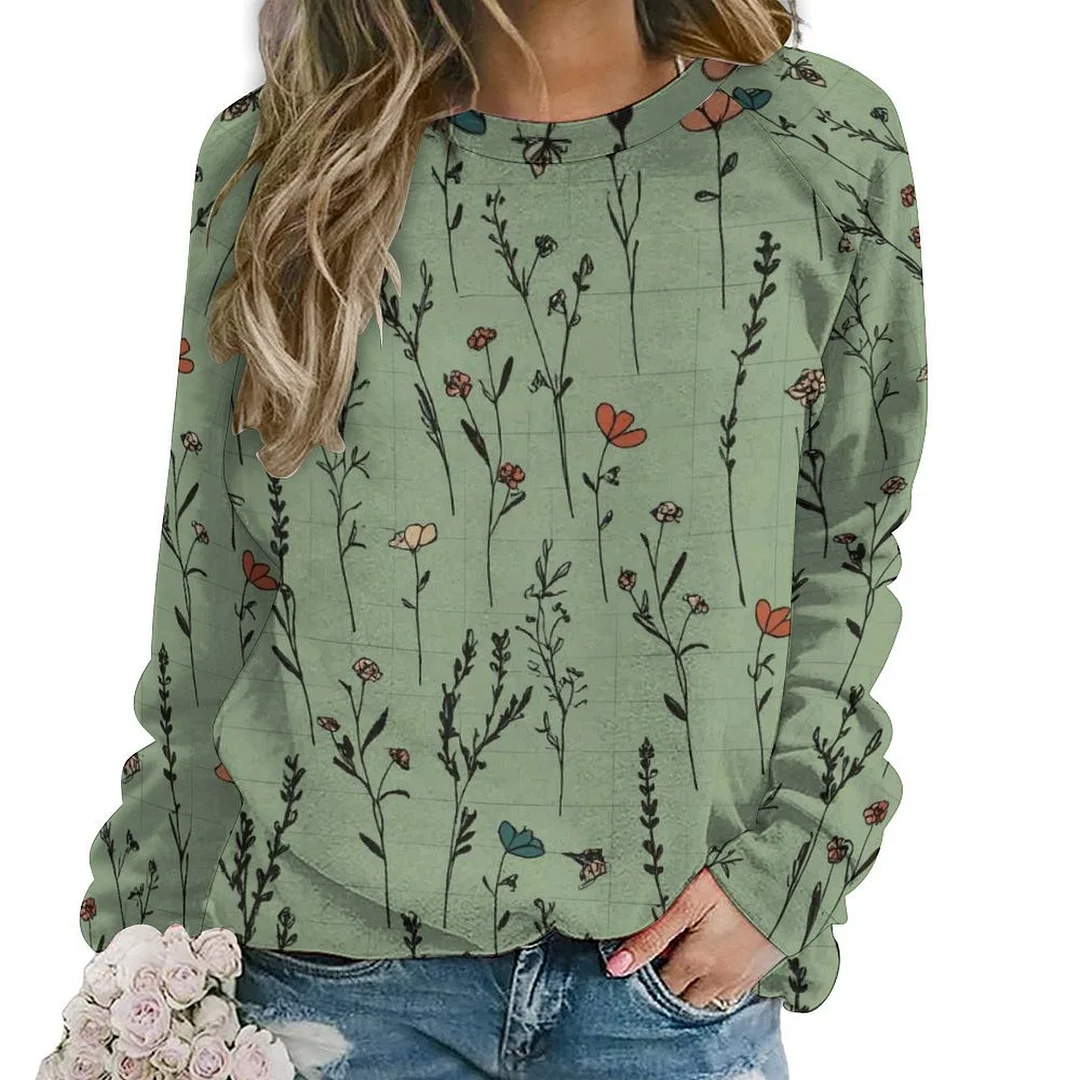 Printed Long Sleeve Casual Sweatshirt for  Women and Men Unisex Pattern Green, Red, Floral