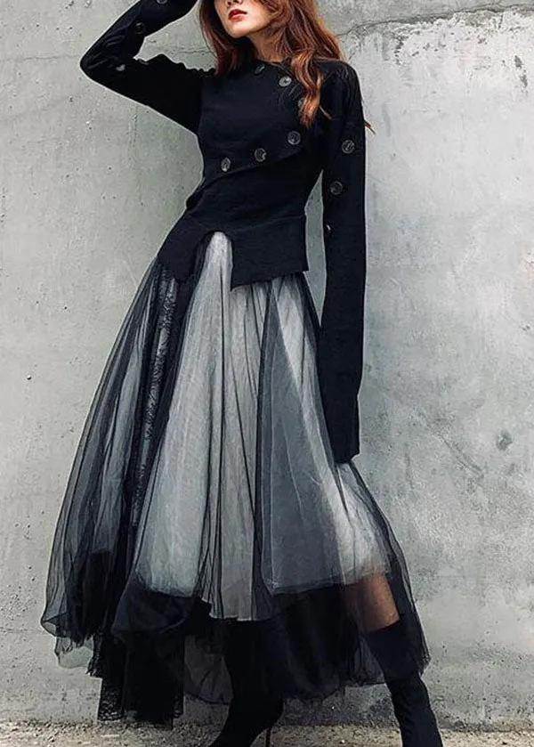 Modern Black Wrinkled Elastic Waist Tulle Skirt Summer