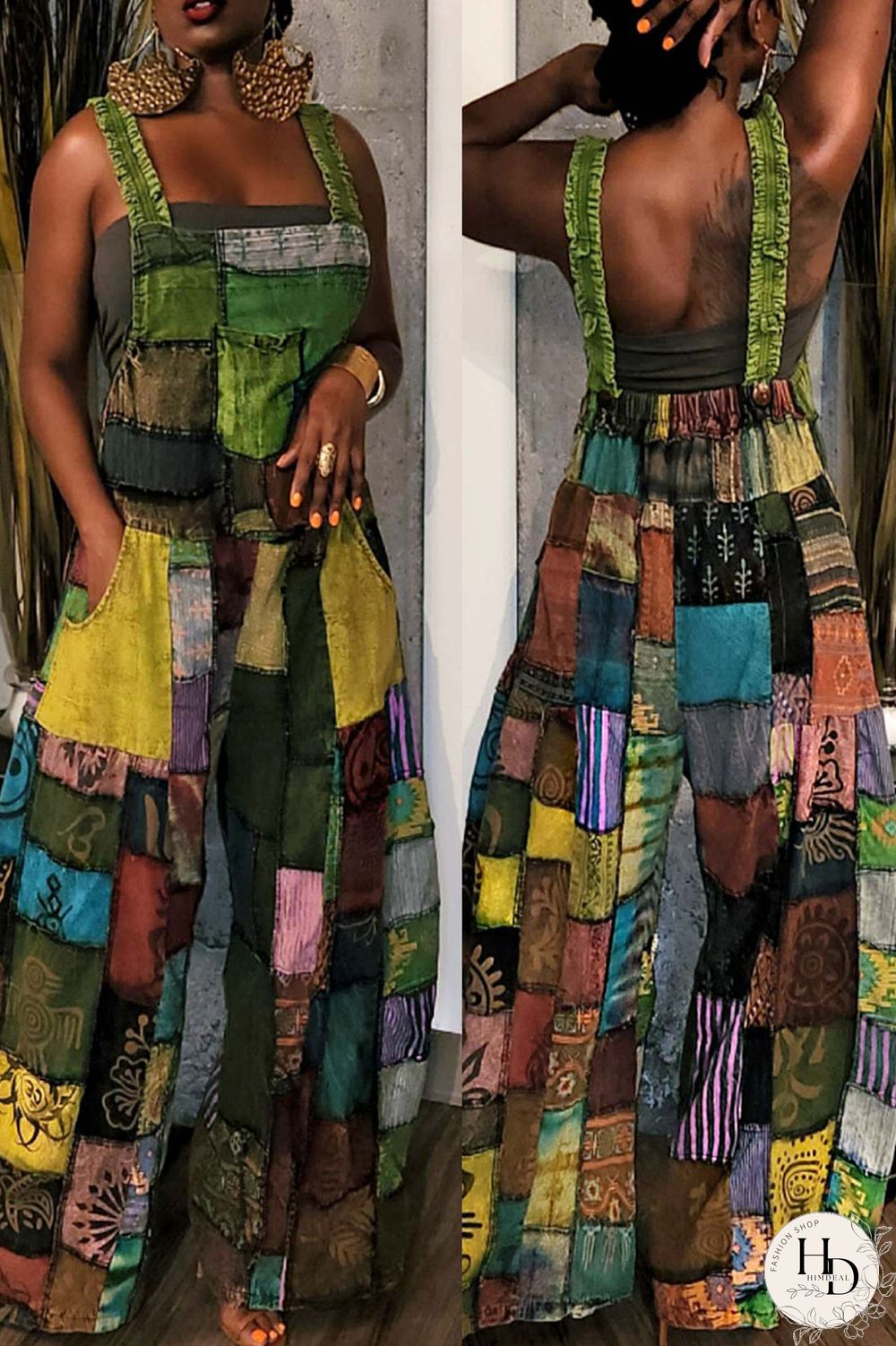 Blue Fashion Casual Street Print Patchwork Spaghetti Strap Loose Jumpsuits