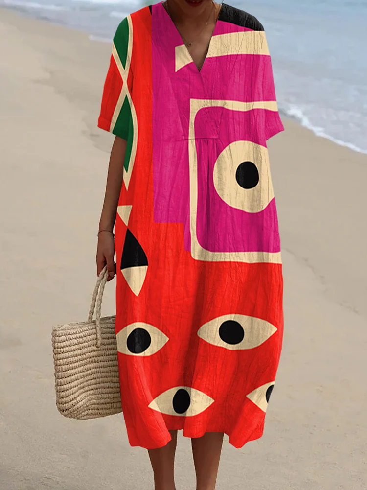 Abstract Painterly V-neck Resort Dress