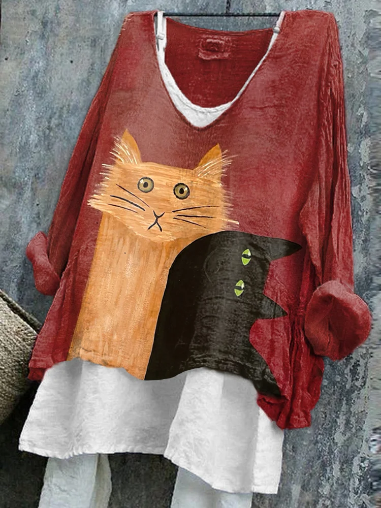 Women's Funny Cats Print Linen Blend Vintage Shirt
