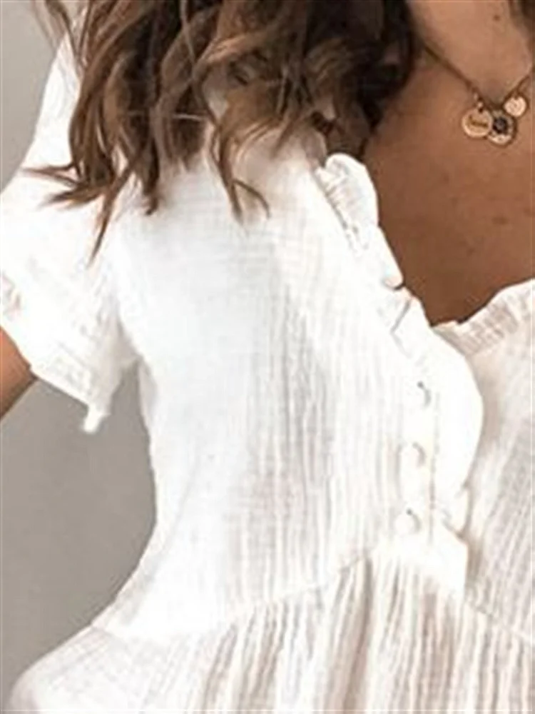 Solid V Neck Cotton-Blend Simple & Basic Shirts & Tops