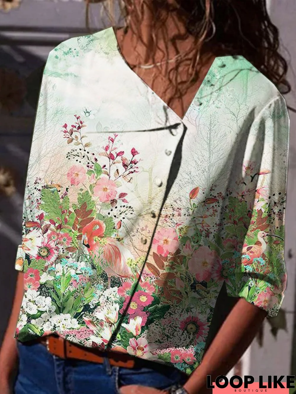 Floral  Half Sleeve  Printed  Polyester  Shawl Collar  Casual  Summer  Green Shirt