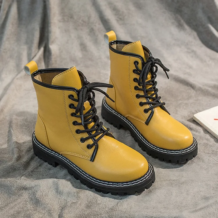 Yellow/Black/Beige Leather Lace-Up Punk Martin Boots BE506