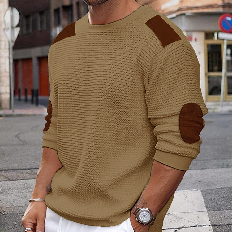 MEN'S CASUAL ROUND NECK LONG SLEEVE PATCHWORK SLIM PULLOVER