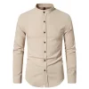 Men's Vintage Cotton and Linen Solid Color Mid-collar Long-sleeved Shirt