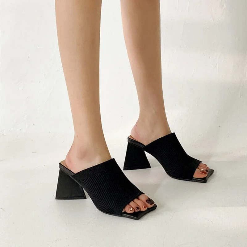 2022 Summer Thick Heel Middle Heel Sandals Stretch Knit Beige Yellow Women's Shoes Plus Size Slippers Sexy Fashion Women