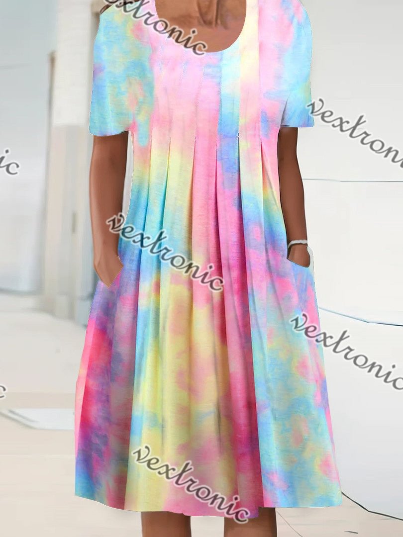 Women Short Sleeve Scoop Neck Gradient Midi Dress