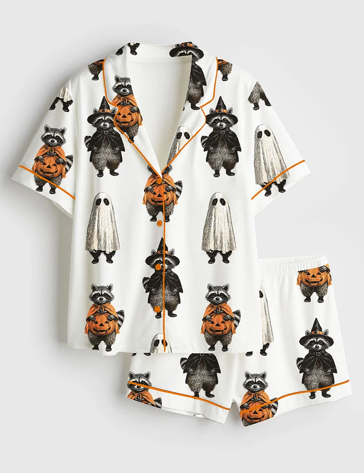 Women&rsquo;s Retro Spooky And Feral Raccoon Halloween Feral Girl Creepy Cute Raccoon Ghost Print Short Sleeve Satin Pajama Set