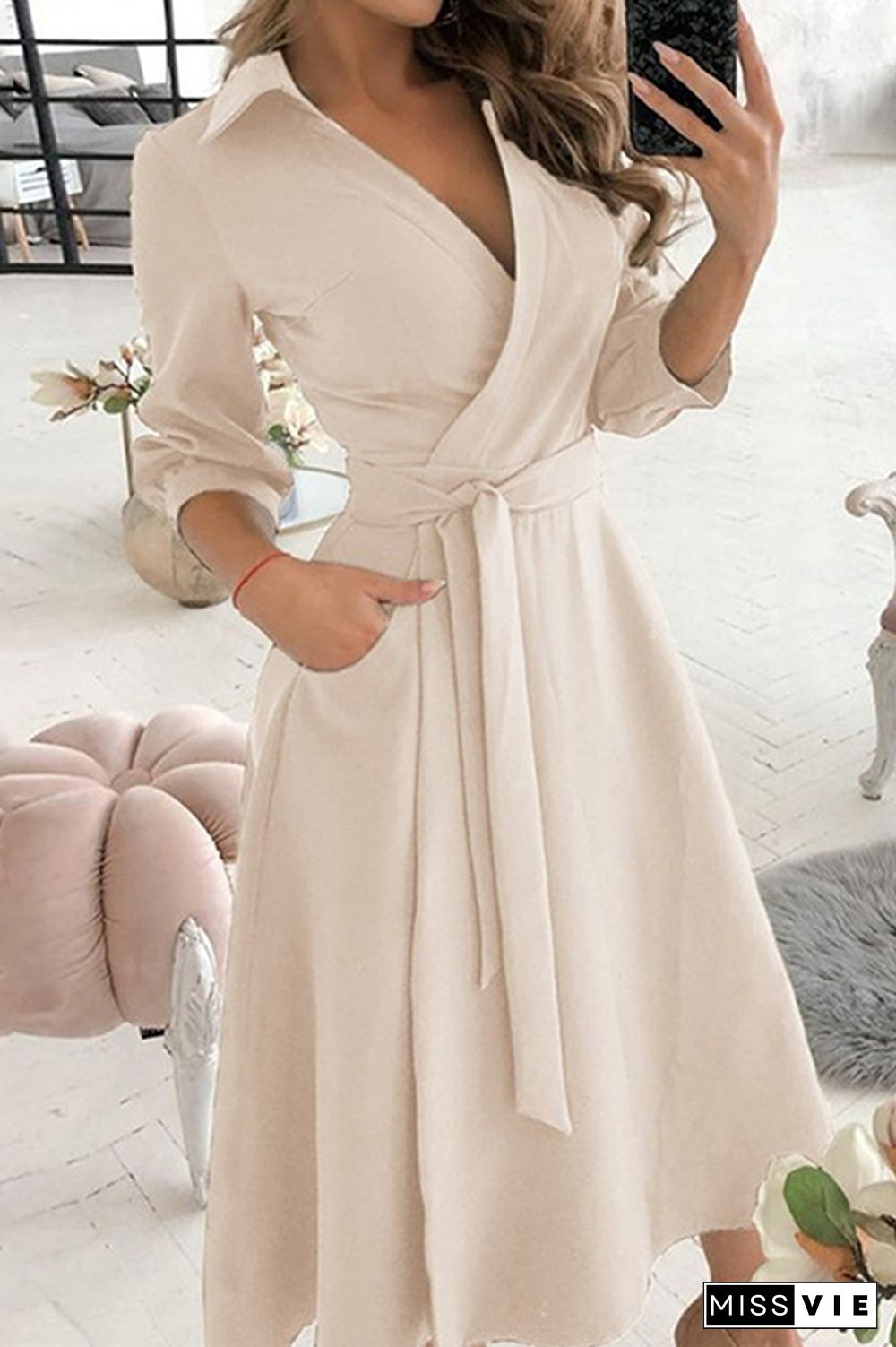 Fashion Elegant Print Solid Patchwork Frenulum V Neck A Line Dresses(10 Colors)