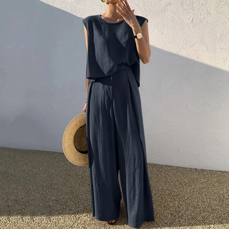 Summer Sleeveless Crew Neck Women Matching Sets 2022 VONDA Tanks Tops And Wide Leg Long Trousers Palazzo Pants Ropa De Mujer