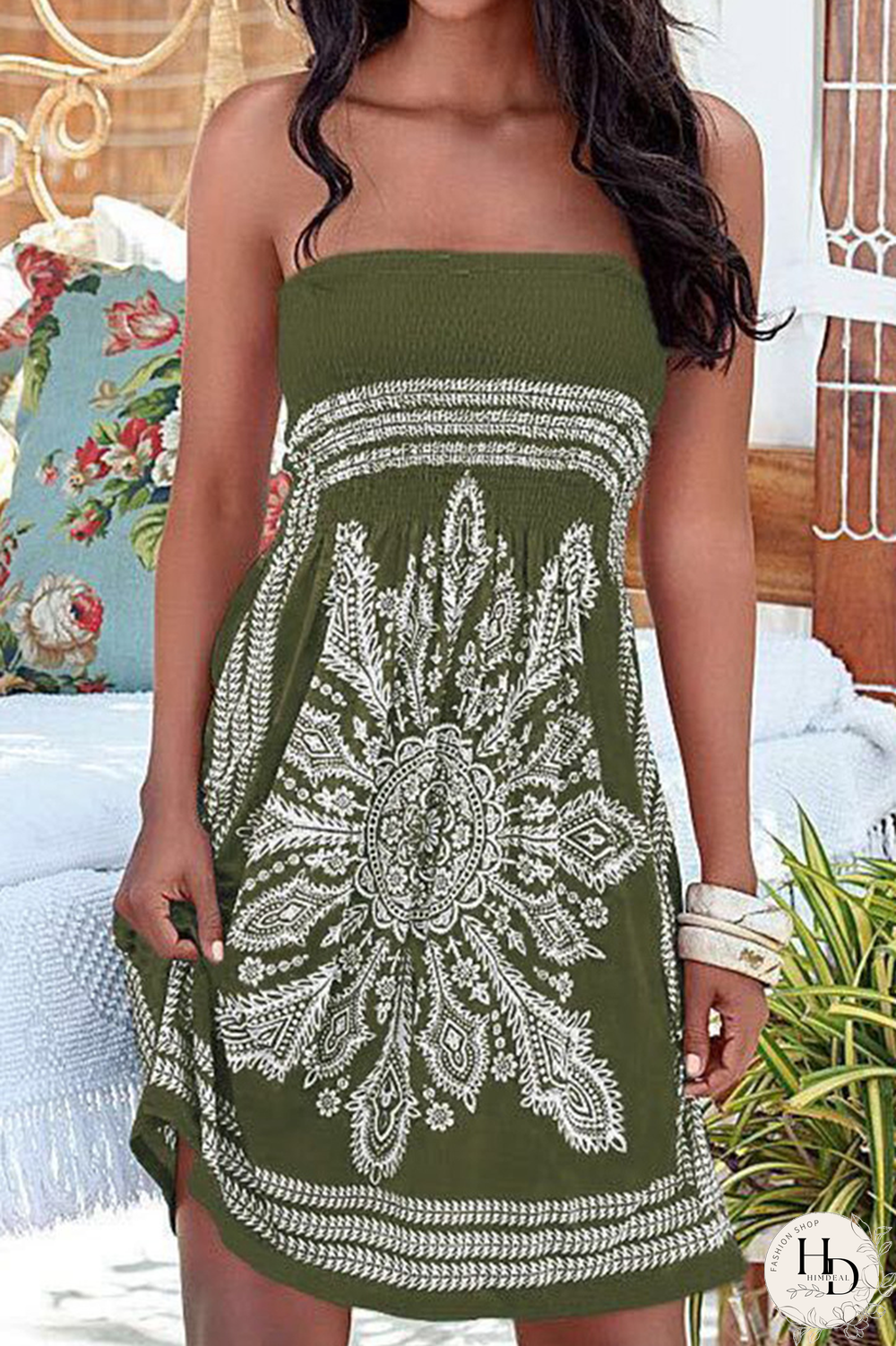 Vintage Print Patchwork Strapless Straight Dresses(6 Colors)