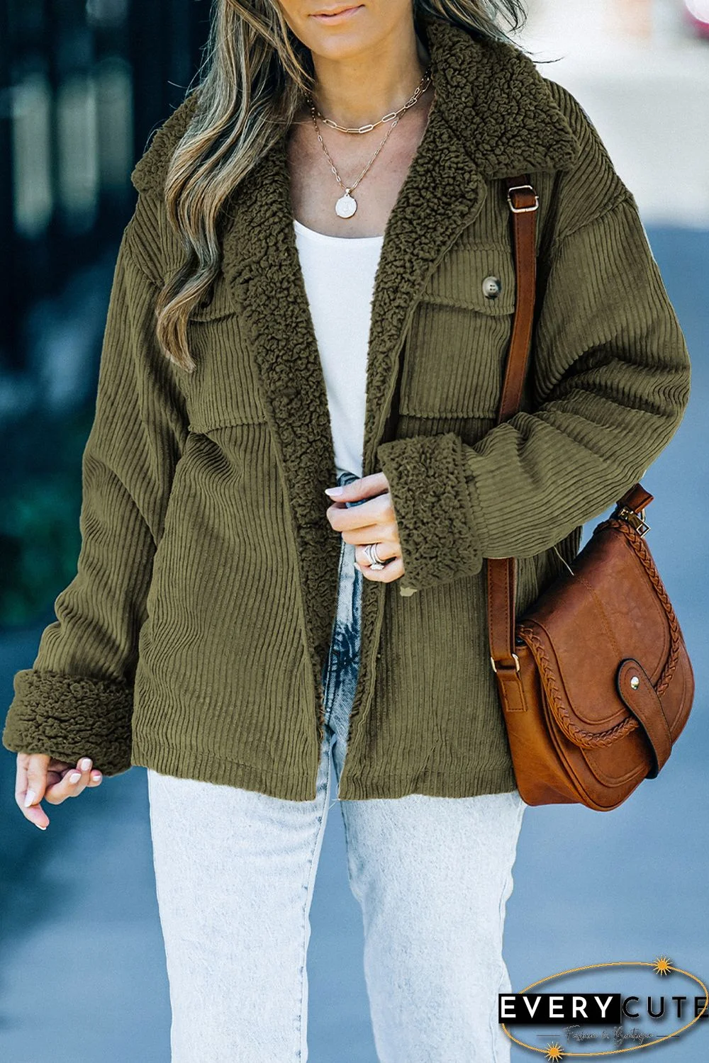 Green Corduroy Ribbed Shell Fleece Lining Jacket