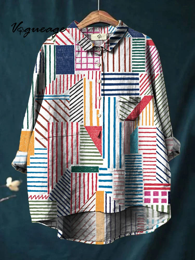 Simple And Gentle Lines With Interesting Stitching Printed Cotton And Linen Shirt