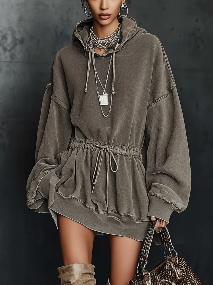Charcoal Washed Hooded Drawstring Long Sleeve Mini Dress