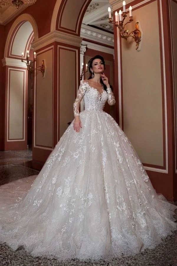 Beautiful Bateau Beading Train Long Sleeves Wedding Dress With A-Line Appliques Lace | Ballbellas Ballbellas