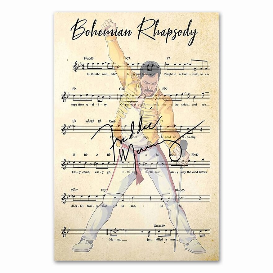 Bohemian Rhapsody Chord Lyrics Freddie Mercury Portrait Canvas Painting s and Prints Wall Art for Room Home Decor