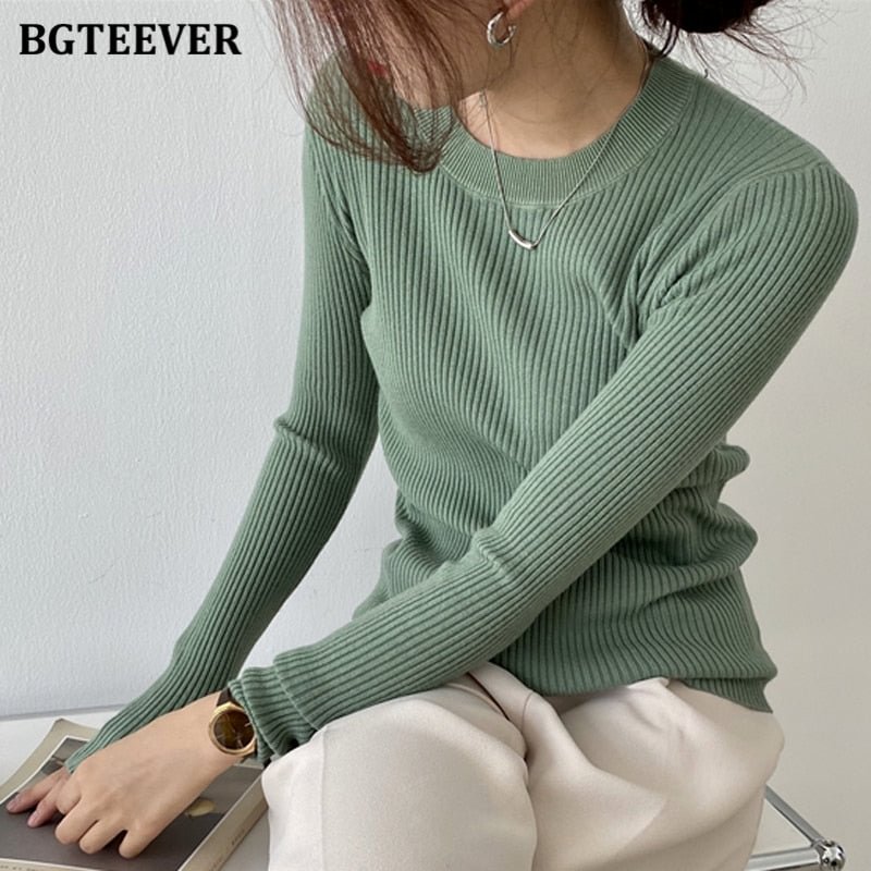 BGTEEVER Fashion New Autumn O-neck Slim Women Sweater 2021 Full Sleeve Stretched Casual Knitwear Skinny Female Knitting Tops