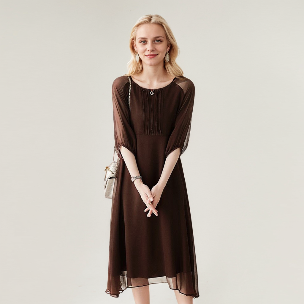 Brown Silk Midi Dress Sheer Sleeve Office Style REAL SILK LIFE