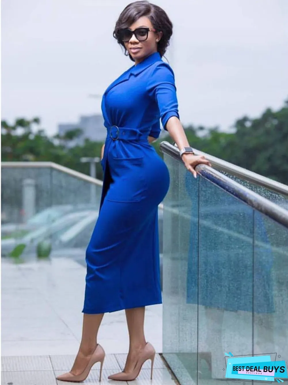 Three Dimensional Pocket Large Women's Dress with Belt