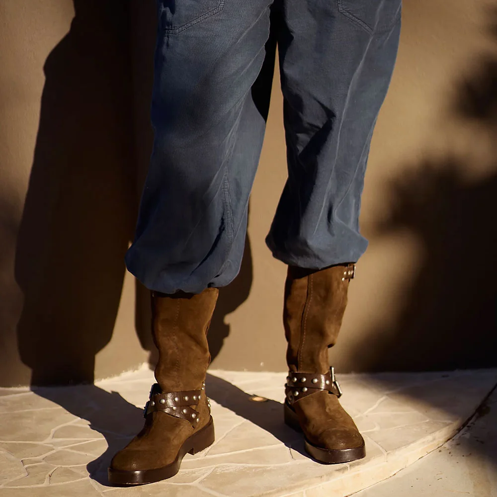 Olive Round Toe Mid Calf Buckle Strap Grommet Studded Heeled Boots