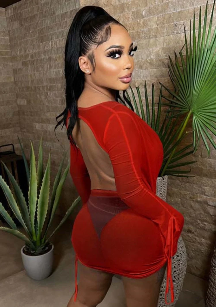 Summer Sexy Deep V-Neck Long Sleeve Top See ThroughTwo Piece Skirt Set