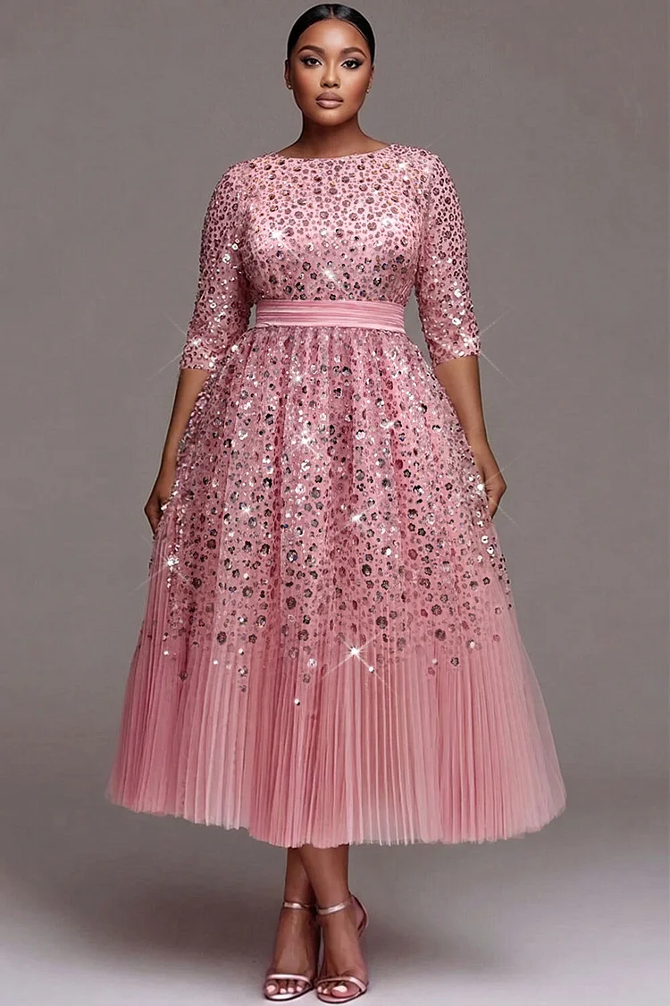 Xpluswear Design Plus Size Formal Tulle Pink Round Neck 3/4 Sleeve Pleated Sequin Midi Dresses [Pre-Order] 2024 - Xpluswear